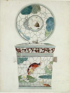 Design for et tildekket fat i Service au Filet Fish Net Ware..., 1875-85. av Amédée de Caranza.