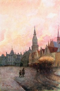 Grande Place og klokketårnet, Furnes (fargelitografi)