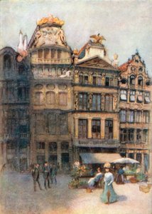 Gammelt hus på Grande Place, Brussel (fargelitografi) av Amedee (after) Forestier