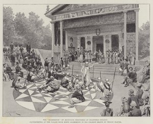 "Agamemnon" til Aeschylus, fremført på Bradfield College, Clytemnestra ved Palace Door møter Agamemnon i sin vogn tegnet av hans trojanske slaver (litho)