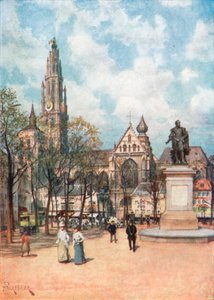 Place Verte, Antwerpen (fargelitografi) av Amedee (after) Forestier