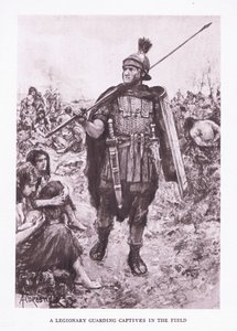 En legionær som vokter fanger i et felt, illustrasjon fra The Roman Soldier, 1928 av Amedee Forestier