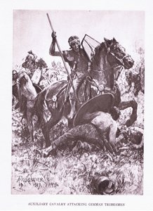 Hjelpekavaleri angriper tyske stammemenn, illustrasjon fra The Roman Soldier, 1928