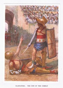 Gladiatorer, slutten av kampen, illustrasjon fra The Roman Soldier, 1928 av Amedee Forestier