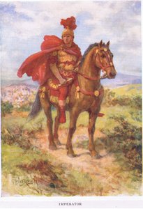 Imperator: opprinnelig, som her, ble den seirende romerske generalen hyllet av sine soldater i felten. Senere ble tittelen reservert kun for keisere, illustrasjon fra The Roman Soldier, 1928 (colou av Amedee Forestier