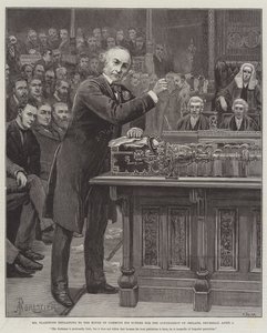 Mr Gladstone forklarer til Underhuset sin ordning for regjeringen i Irland, torsdag 8. april