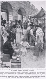 Romersk markedsscene, London, illustrasjon fra 'Hutchinson's History of the Nations', ca. 1910 av Amedee Forestier