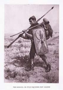 Impeditus eller fullt utstyrt fotsoldat, illustrasjon fra The Roman Soldier, 1928