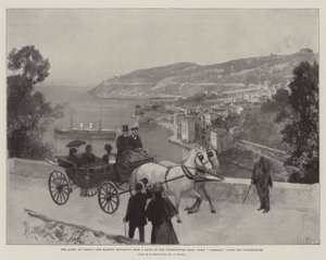 Dronningen på Cimiez, Hennes Majestet kommer tilbake fra en kjøretur ved Villefranche Road, HMS Cambrian liggende utenfor Villefranche