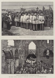 Den romersk-katolske pilegrimsreisen til Lindisfarne, Holy Isle, på Northumberland Coast