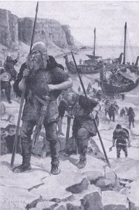 The Vikings Find America, fra My Magazine, pub.1922 (litho) av Amedee Forestier