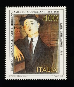 Frimerke fra italiensk kunstserie som hedrer Amedeo Modigliani (1884-1920), som viser Portrait of Paul Guillaume (1916), 400-lire frimerke