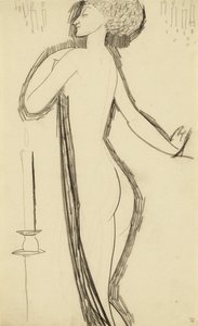 Stående kvinne naken i profil med tente stearinlys, ca. 1911