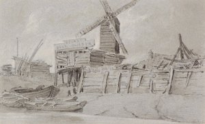 Vindmølle og båtgård, ca. 1803 (kull, blyant og vask)