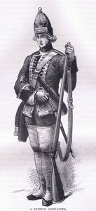 En britisk grenadier, illustrasjon fra Cassells History of the United States utgitt av Cassell, Petter & Galpin, ca. 1900 (litho) av American English school