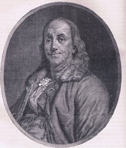 Benjamin Franklin, illustrasjon fra Cassells History of the United States utgitt av Cassell, Petter & Galpin, ca. 1900 (litho) av American English school