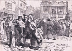 Bostonianere som leser Stamp Act, illustrasjon fra Cassells History of the United States utgitt av Cassell, Petter & Galpin, ca. 1900 (litho)