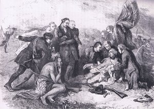 Death of Wolfe, illustrasjon fra Cassells History of the United States utgitt av Cassell, Petter & Galpin, ca. 1900 (litho) av American English school
