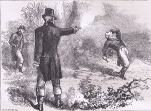 Duell mellom Burr og Hamilton, illustrasjon fra Cassells History of the United States utgitt av Cassell, Petter & Galpin, ca. 1900 (litho) av American English school
