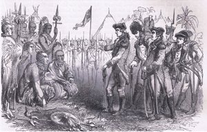 General Burgoyne henvender seg til indianerne, illustrasjon fra Cassells History of the United States utgitt av Cassell, Petter & Galpin, ca. 1900 (litho) av American English school