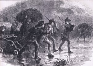 Night Maoeuvres of the Americans at Boston, illustrasjon fra Cassells History of the United States utgitt av Cassell, Petter & Galpin, ca. 1900 (litho) av American English school