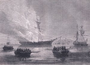 The burning of Gaspe, illustrasjon fra Cassells History of the United States utgitt av Cassell, Petter & Galpin, ca. 1900 (litho) av American English school