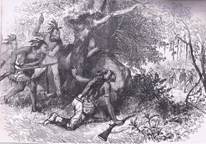 Treachery of the Cherokees 1760, illustrasjon fra Cassells History of the United States utgitt av Cassell, Petter & Galpin, ca. 1900 (litho) av American English school