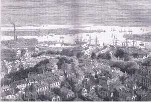View of Boston av Bunkers Hill, illustrasjon fra Cassells History of the United States utgitt av Cassell, Petter & Galpin, ca. 1900 (litho) av American English school