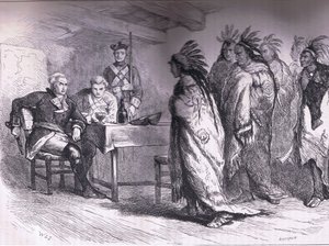 Besøk av Pontiac og indianerne til major Gladwin 1763, illustrasjon fra Cassells History of the United States utgitt av Cassell, Petter & Galpin, ca. 1900 (litho)