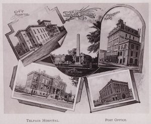 bysykehuset; Johnson Square; Greene Monument; Morning News, Telfair Hospital, Post Office (s/hvitt bilde) av American Photographer (after)