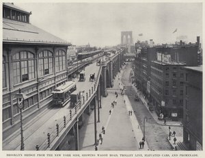 Brooklyn Bridge fra New York Side, som viser Wagon Road, Trolley Line, Elevated Cars og Promenade (s/hv-bilde) av American Photographer