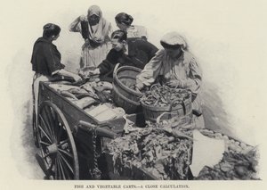Fiske- og grønnsaksvogner, en tett beregning (s/hvitt-bilde) av American Photographer