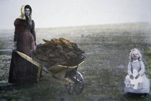 Pionerkvinne som samler storfemøkk, Kansas, ca. 1880 (farget bilde) av American Photographer
