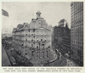The Grim, Grey Post Office, i trekanten dannet av Broadway, Park Row og Mail Street, umiddelbart sør for City Hall Park (s/h-bilde) av American Photographer