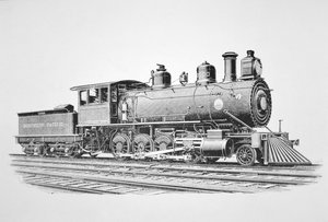 Et lokomotiv av 2-8-0 Consolidation type bygget av Baldwin i juni 1889 for Northern Pacific Railway (litho) av American School
