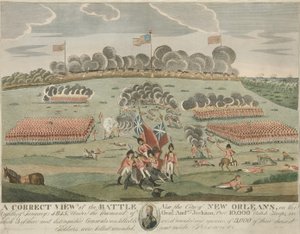 Et riktig syn på slaget nær byen New Orleans, pub. ca. 1815 (håndfarget gravering) av American School