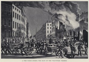 En brannscene i løpet av de frivillige brannmennenes dager (litho) av American School