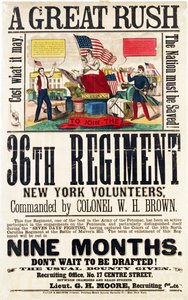 A Great Rush, rekrutteringsplakat for 36. regiment, utgitt av Baker & Goodwin