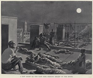 En varm natt på østsiden, søker lindring på takene (litho) av American School