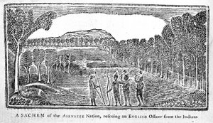 En Sachem fra Abenakee Nation som reddet en engelsk offiser, illustrasjon fra Bickerstaffs Boston Almanack, publisert 1768 av American School
