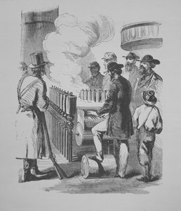 En dampdrevet kalliope, brukt på amerikanske dampbåter, ca. 1870 (gravering) av American School