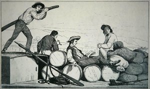 En flatbåt som frakter last på Mississippi-elven, ca. 1840 (gravering) av American School