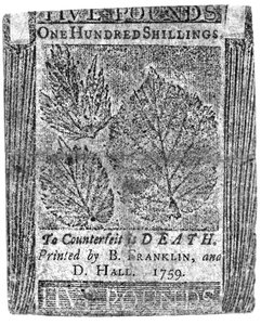 En hundre shillingseddel trykt av B. Franklin og D. Hall, 1759 (trykk) av American School