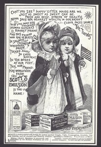 Annonse for Scott's Emulsion for behandling av hoste, forkjølelse og andre plager, sent på 1800-tallet (litho) av American School