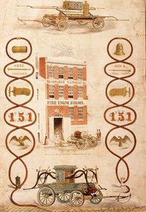 Annonse for Abraham Vanness, brannbilbygger og produsent av brannslokkingsutstyr, pub. av Geo. G. Gratacap, New York, ca. 1850 (litho) av American School