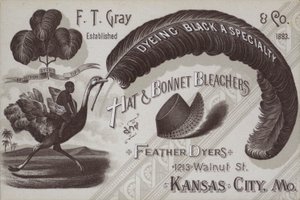Annonse for FT Grey, hatte- og panser- og fjærfarger, Kansas City, Missouri, USA (litho) av American School