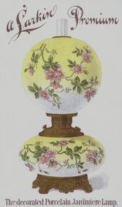 Annonse for Larkin Premium dekorerte jardiniere-lamper i porselen (chromolitho) av American School