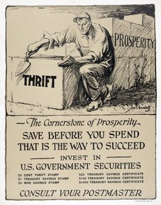 Reklame for amerikanske statsobligasjoner, quot;The Cornerstone of Prosperityquot;, utgitt 1921 (litografi) av American School
