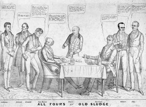 All Fours or Old Sludge , politisk tegneserie som viser president Martin Van Buren (1782-1862) som spiller kort mot William Henry Harrison (1773-1841) blant andre statsmenn og politikere, 1836 (litho) av American School