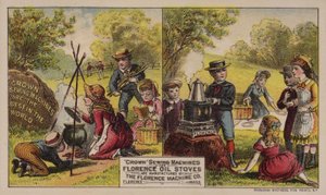 Amerikanske handelskortreklamesymaskiner og oljeovner produsert av Florence Machine Company, Massachusetts, ca 1880-tallet av American School